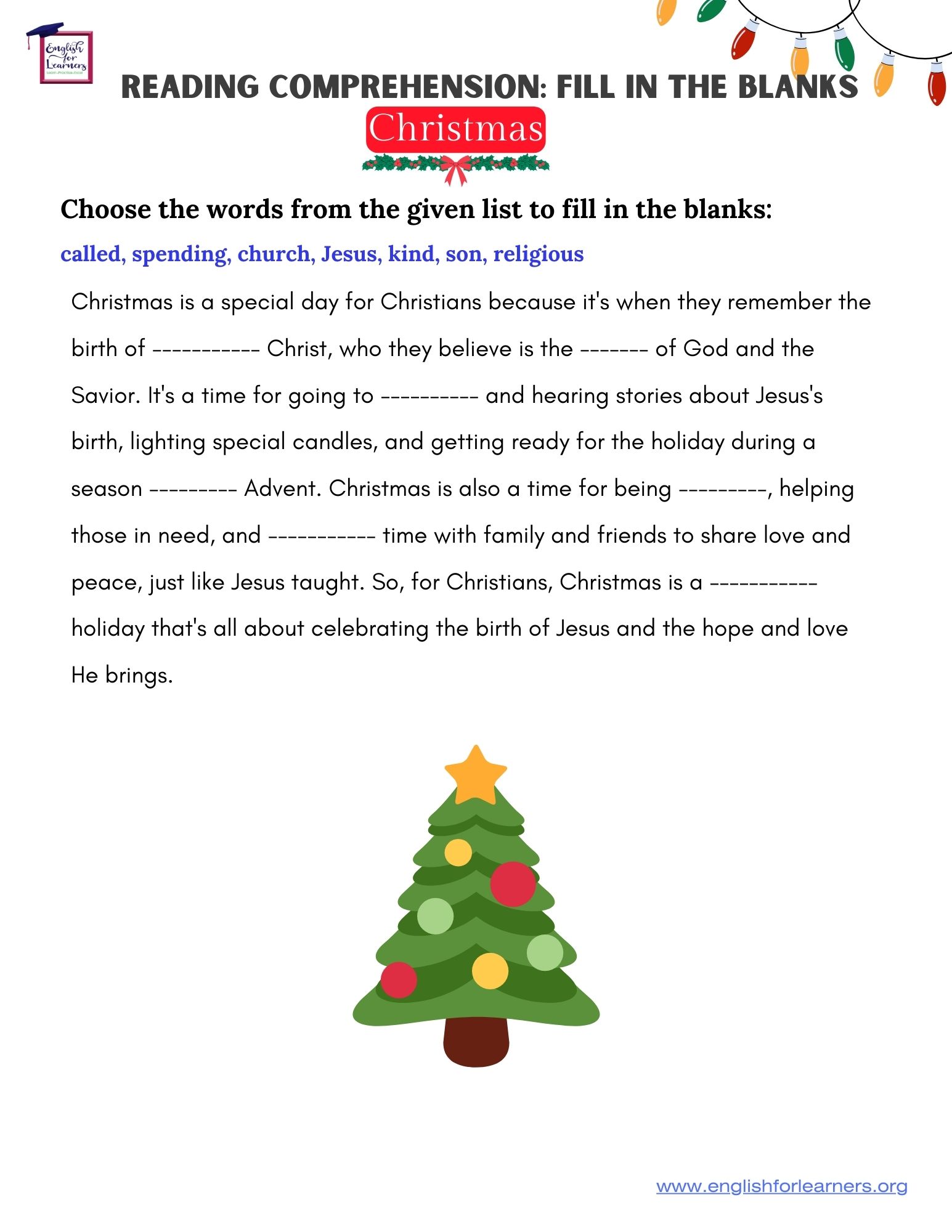 reading comprehension christmas fill in the blanks -